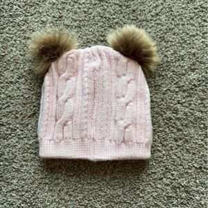 Pink Knit Hat with Tan Pom Poms